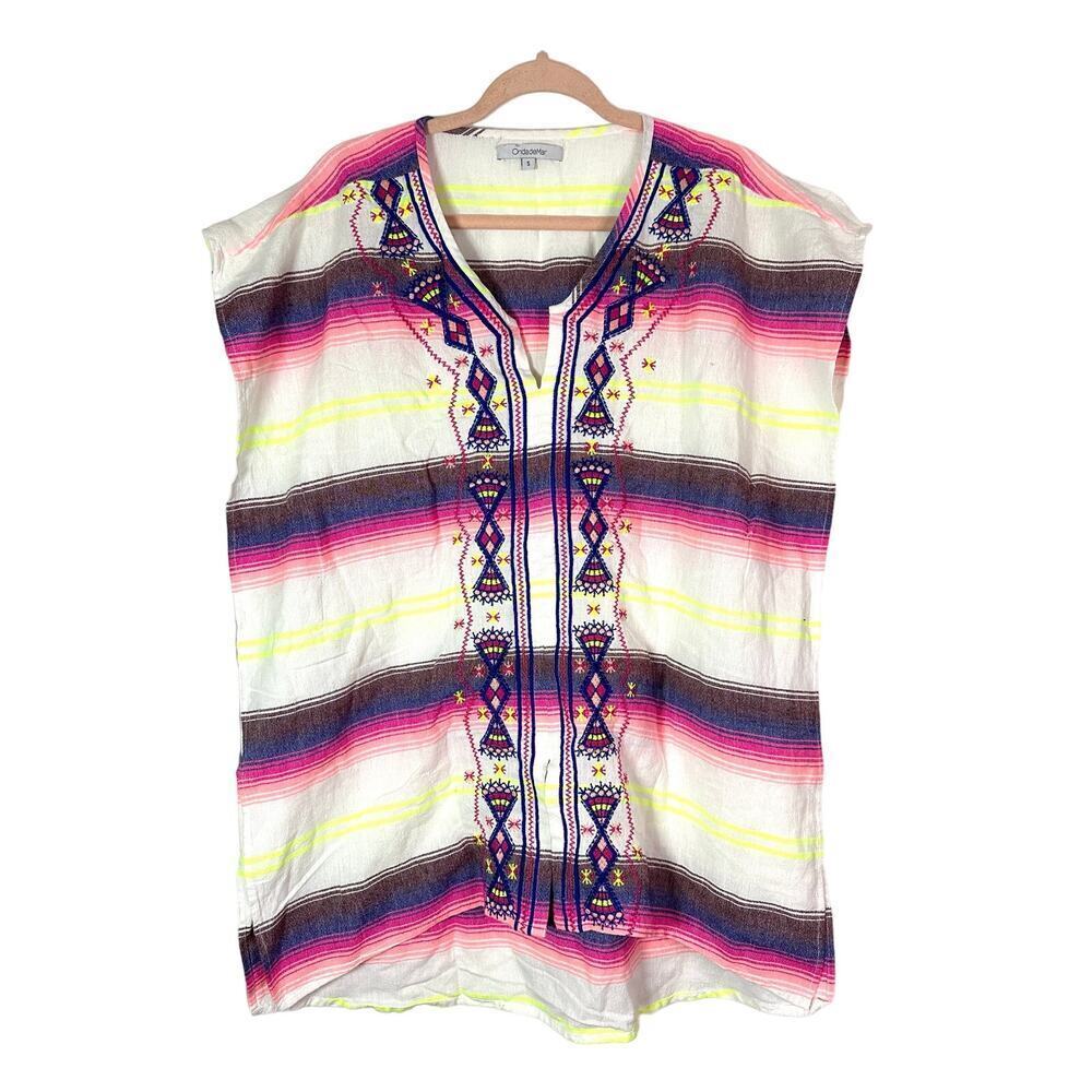 ONDADEMAR Embroidered Striped Tunic Cover-Up Top Loose Fit Swim Boho - Sz Small